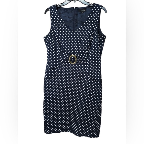 NWOT! Tahari ASL Sleeveless Sheath Navy Polka Dot Dress Size 8 - Picture 1 of 7